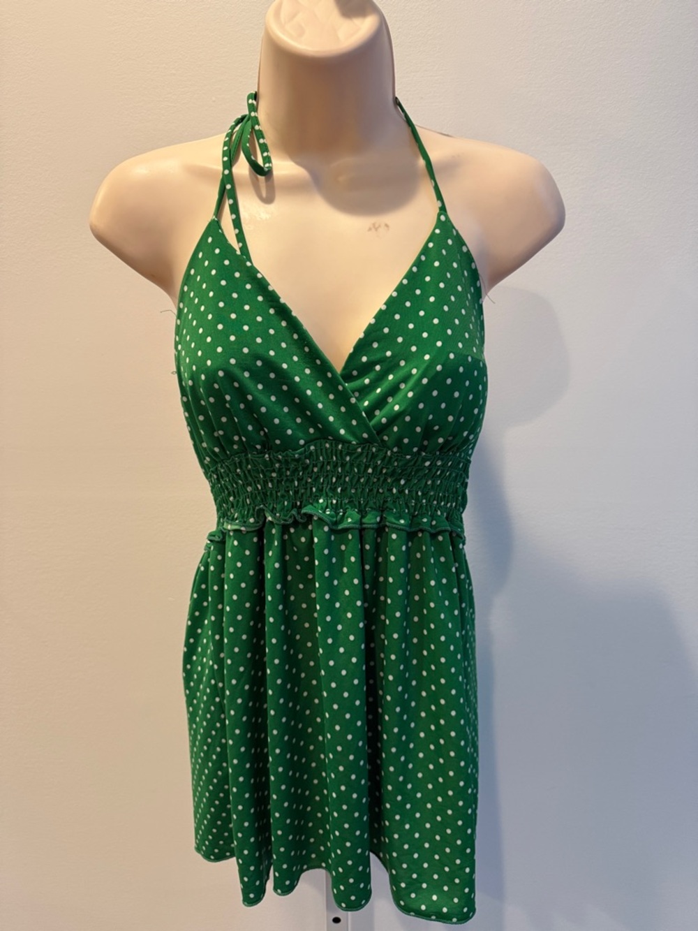 Vintage Wisse Green Polka Dot Halter Blouse Babydoll Smocked Size L Ruffle Y2K